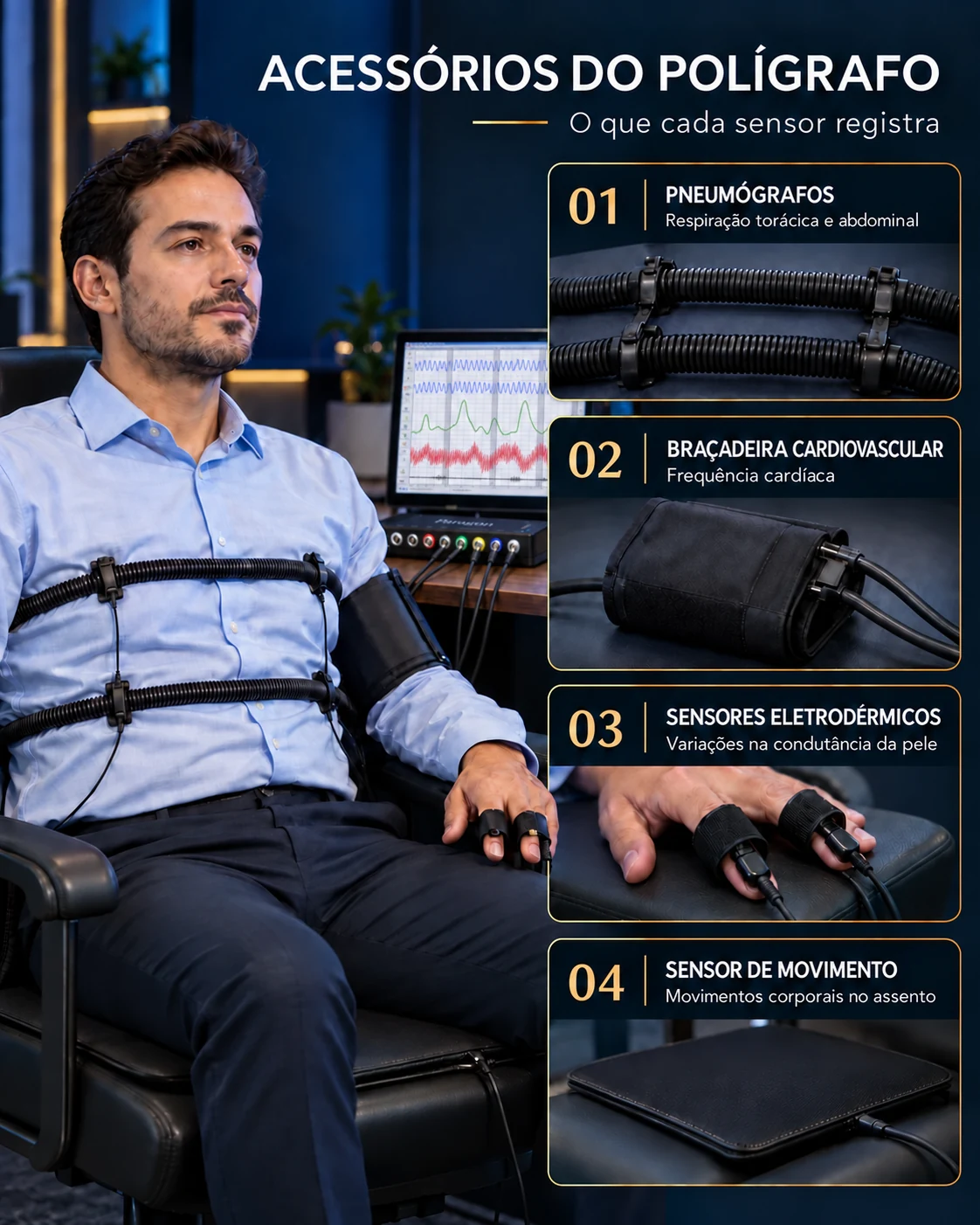 Acessórios do polígrafo: pneumógrafos — respiração torácica e abdominal; braçadeira cardiovascular — frequência cardíaca; sensores eletrodérmicos — variações na condutância da pele; sensor de movimento — movimentos corporais no assento.