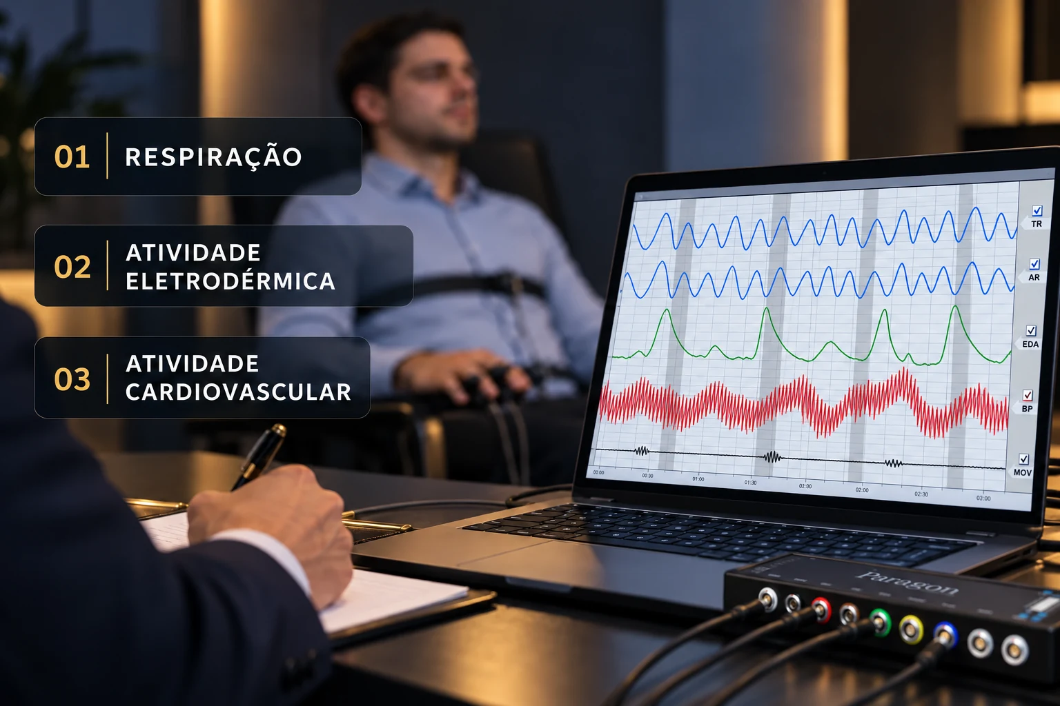 Exame de polígrafo com gráficos de respiração, atividade eletrodérmica e atividade cardiovascular, identificados na própria imagem