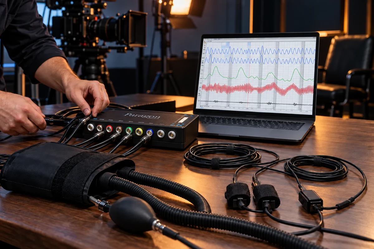 Equipamento de polígrafo preparado para uma produção audiovisual