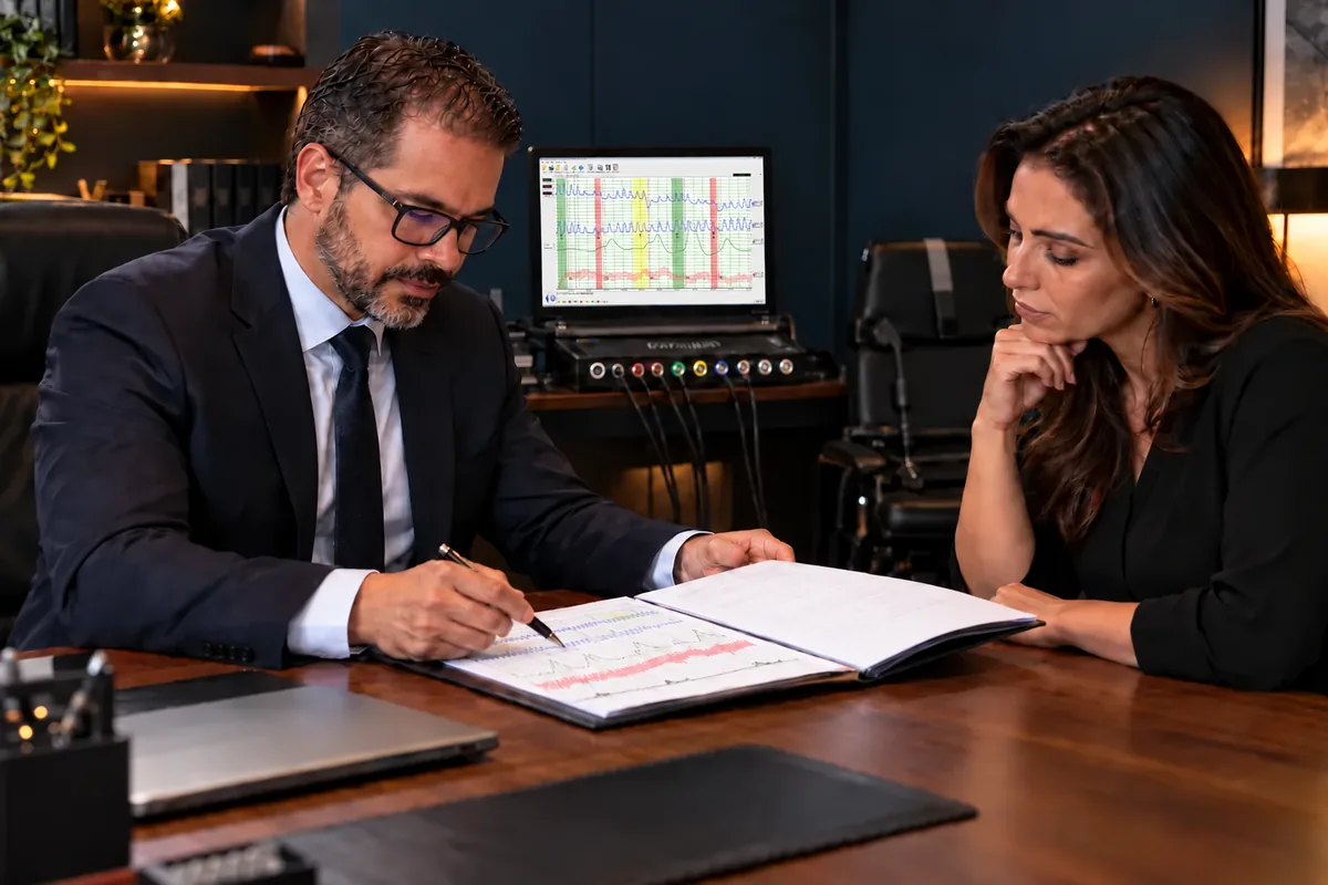 Profissional e cliente analisam um documento técnico