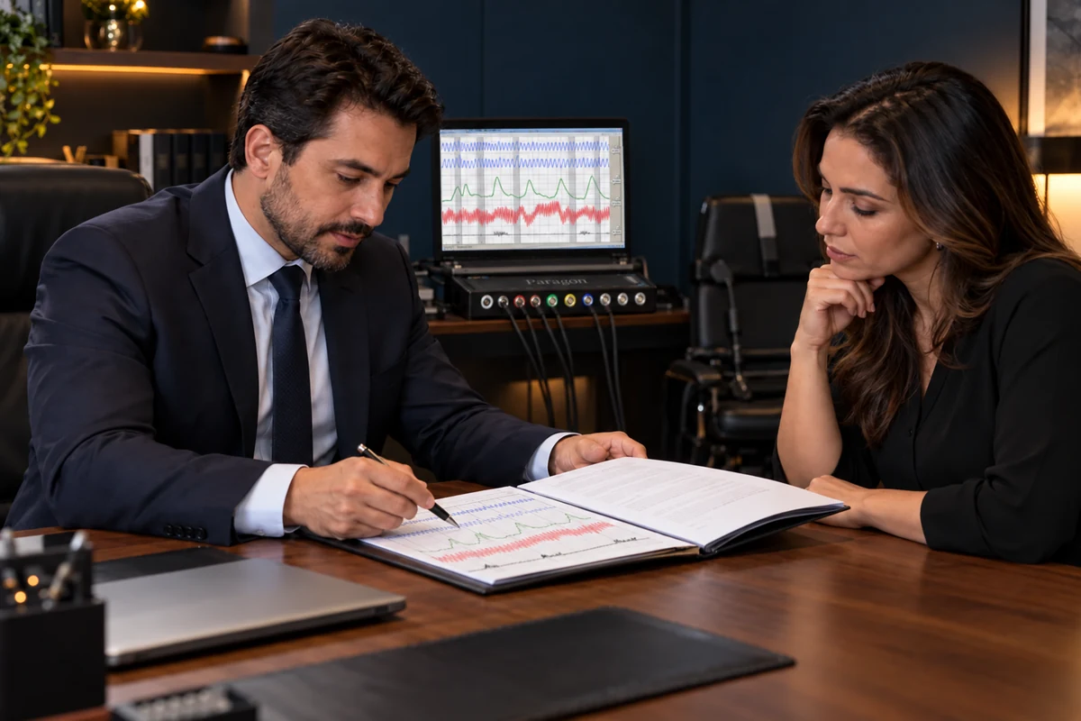 Profissional e cliente analisam um documento técnico