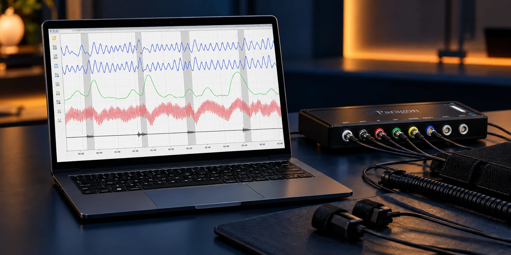 Notebook exibindo gráficos fisiológicos do polígrafo conectado ao sistema de aquisição de dados